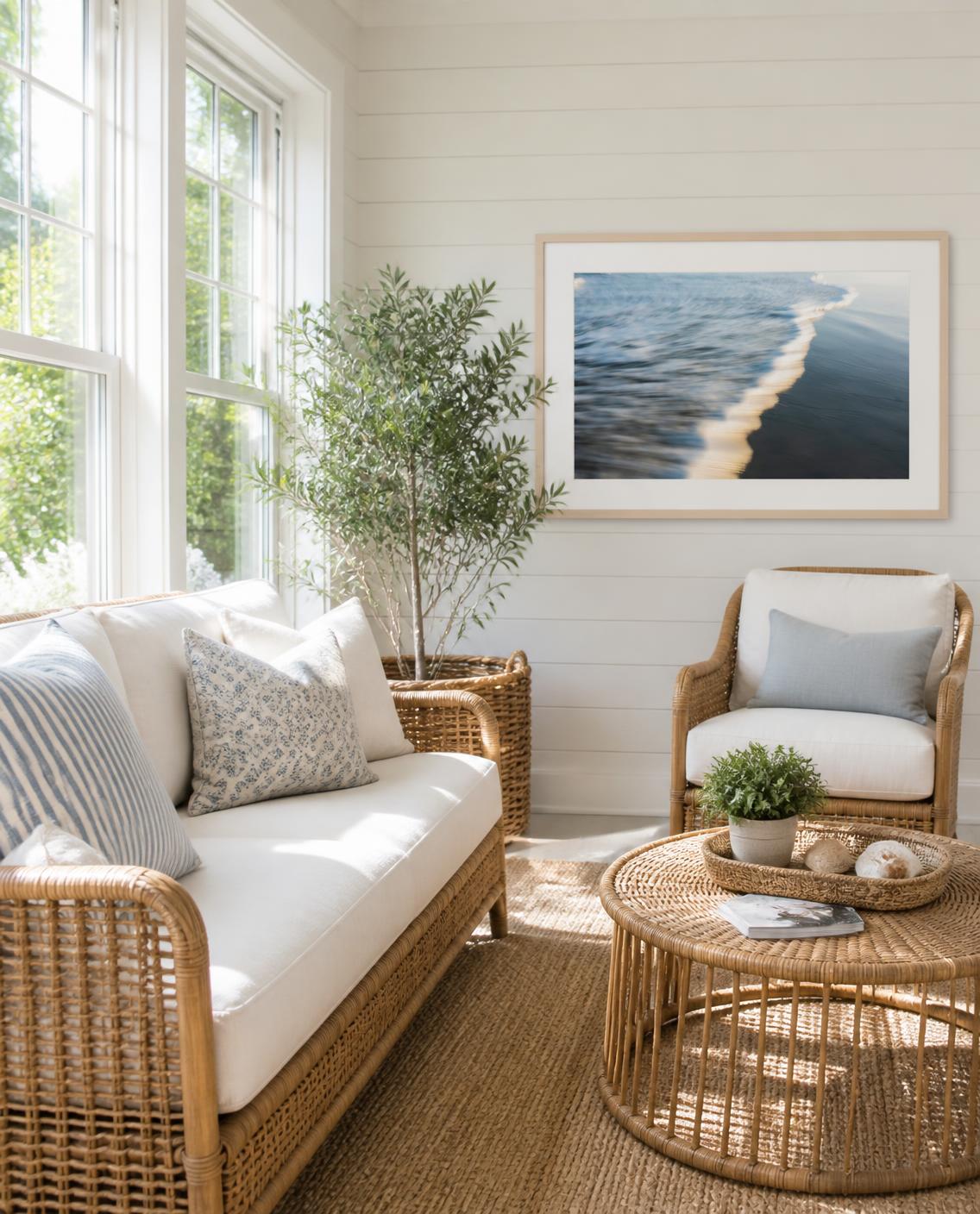 A bright sunny coastal-style living room with a wicker sofa, matching armchair, round wicker coffee table, and a framed ocean wave print by Amanda Anderson on the wall.