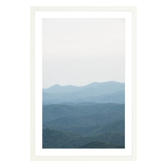 Photograph of Blue Ridge Mountains in North Carolina framed in white with white mat