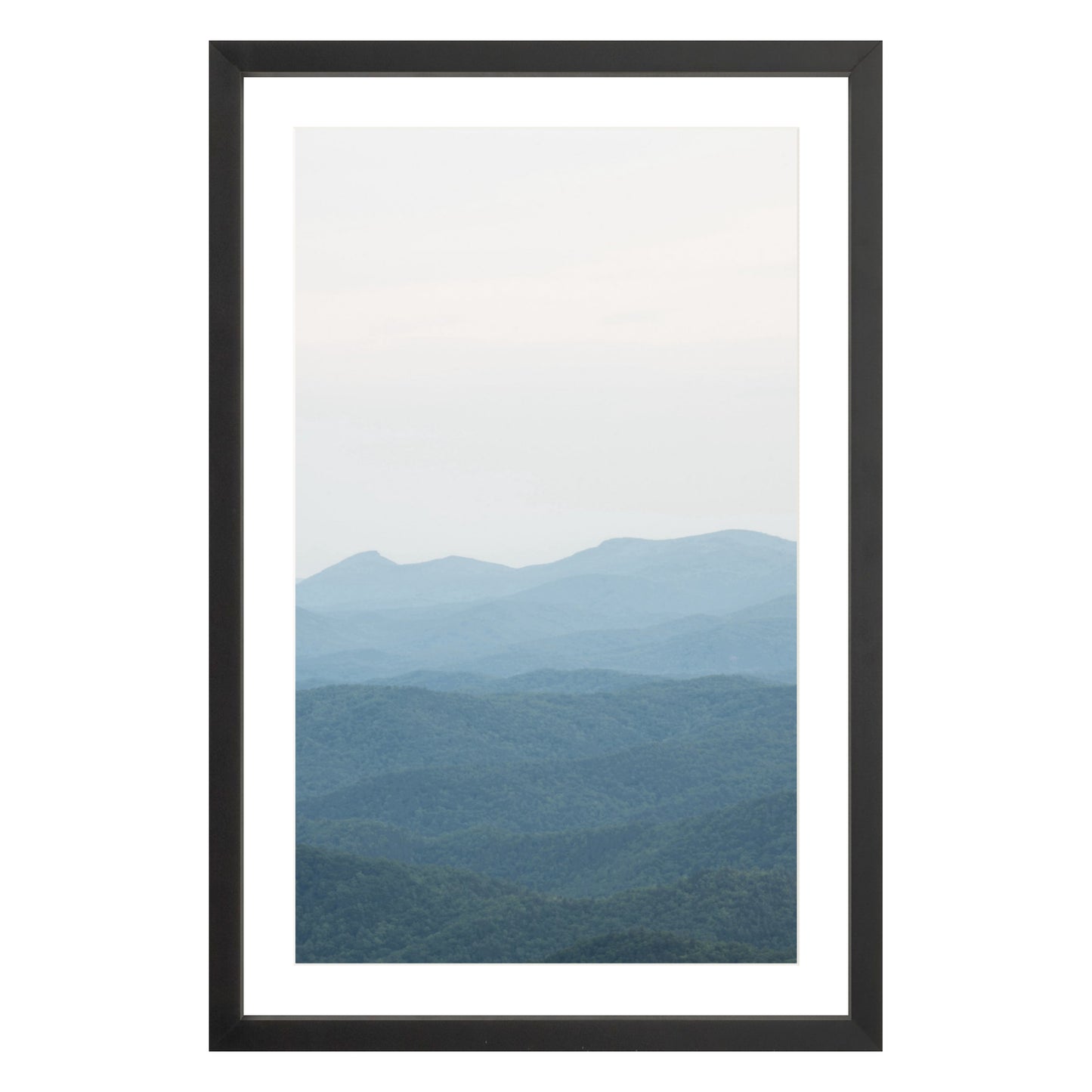 Photograph of Blue Ridge Mountains in North Carolina framed in black with white mat