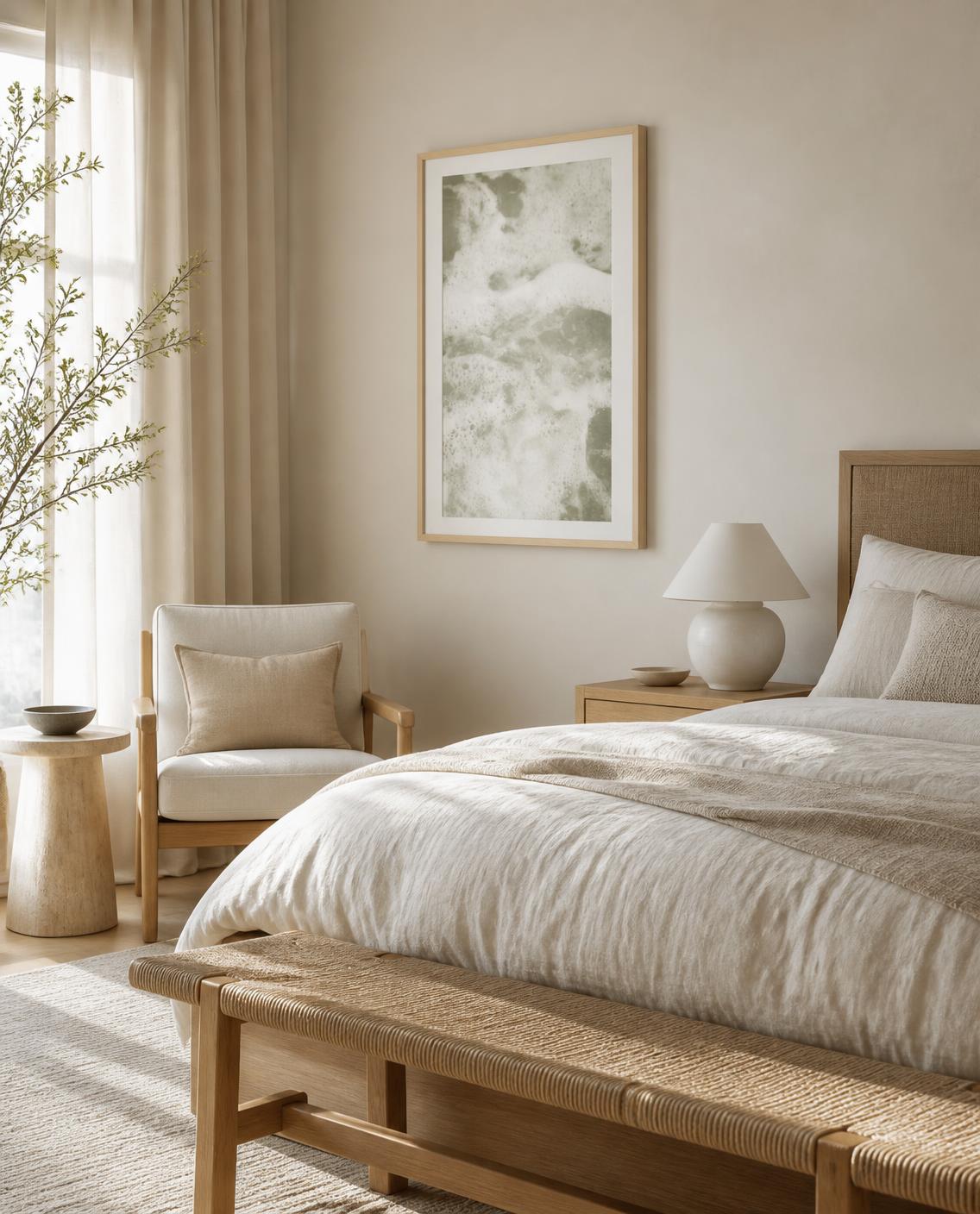 A beautifully styled bedroom featuring a bed with cream bedding, a woven rattan bench, a matching armchair, and a large  format framed fine art photography print by Amanda Anderson on the wall.