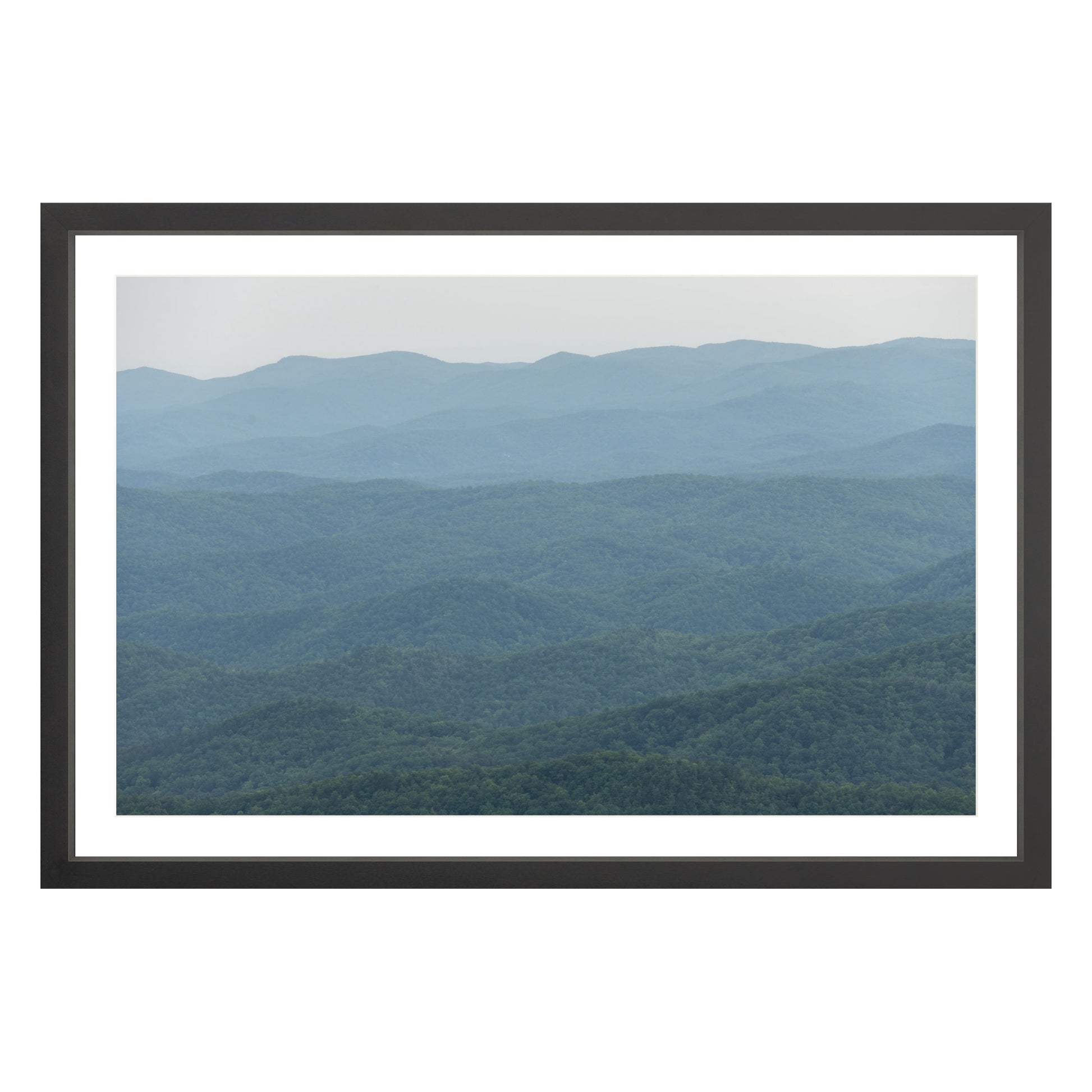 Photograph of mountains in North Carolina framed in black with white mat