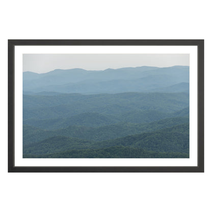 Photograph of mountains in North Carolina framed in black with white mat