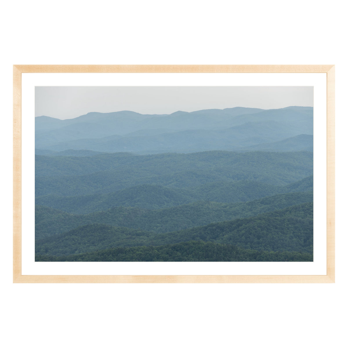 Photograph of mountains in North Carolina framed in natural wood with white mat