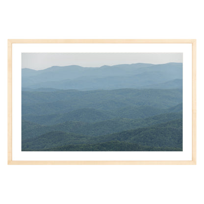 Photograph of mountains in North Carolina framed in natural wood with white mat