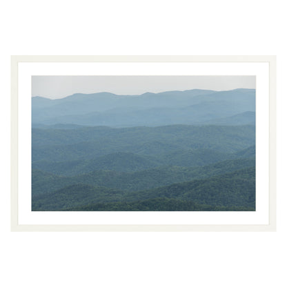 Photograph of mountains in North Carolina framed in white with white mat