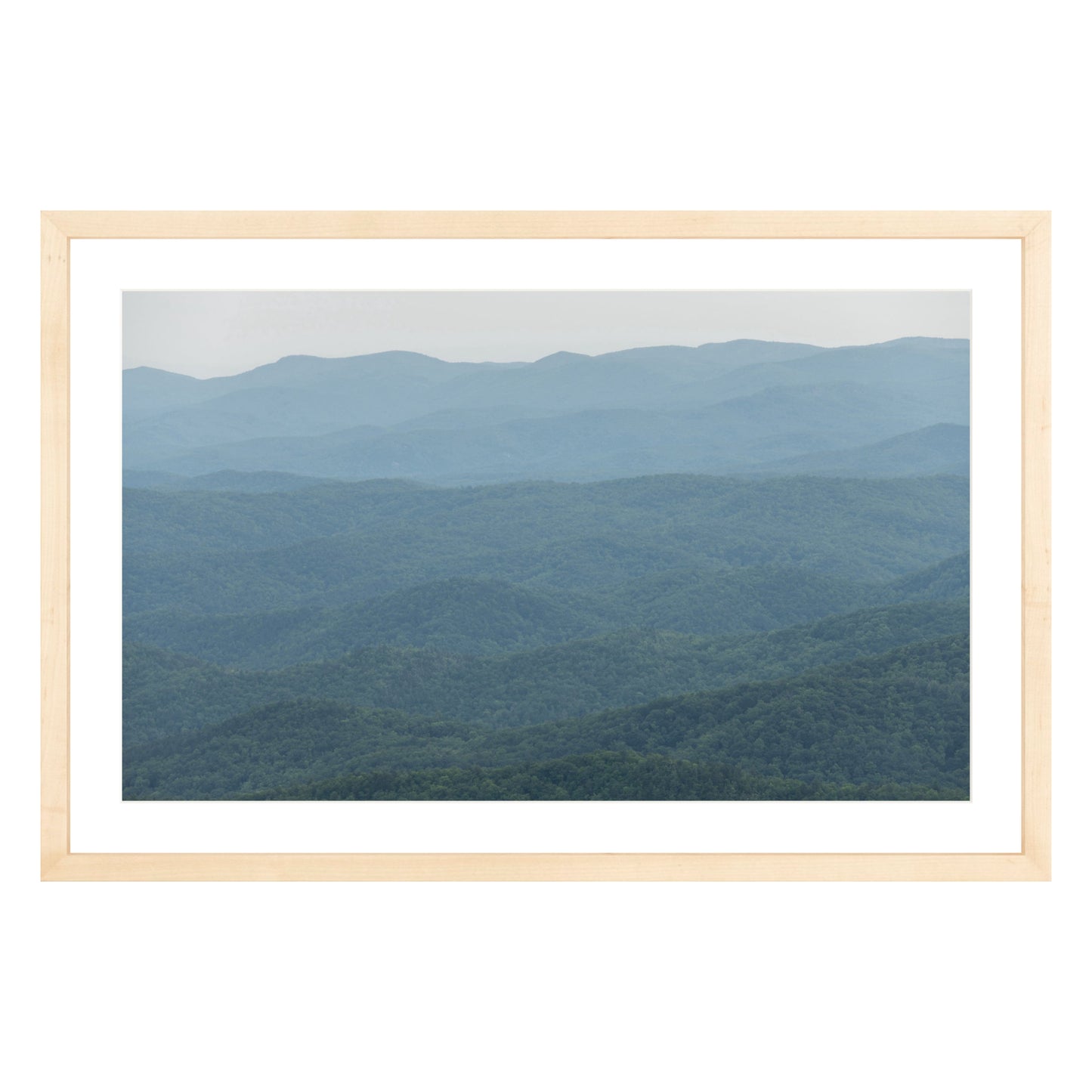 Photograph of mountains in North Carolina framed in natural wood with white mat