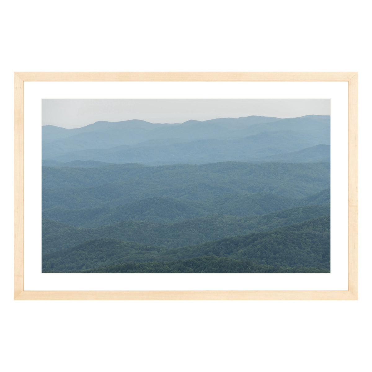 Photograph of mountains in North Carolina framed in natural wood with white mat