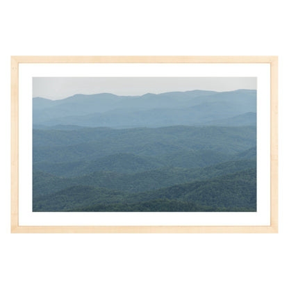 Photograph of mountains in North Carolina framed in natural wood with white mat