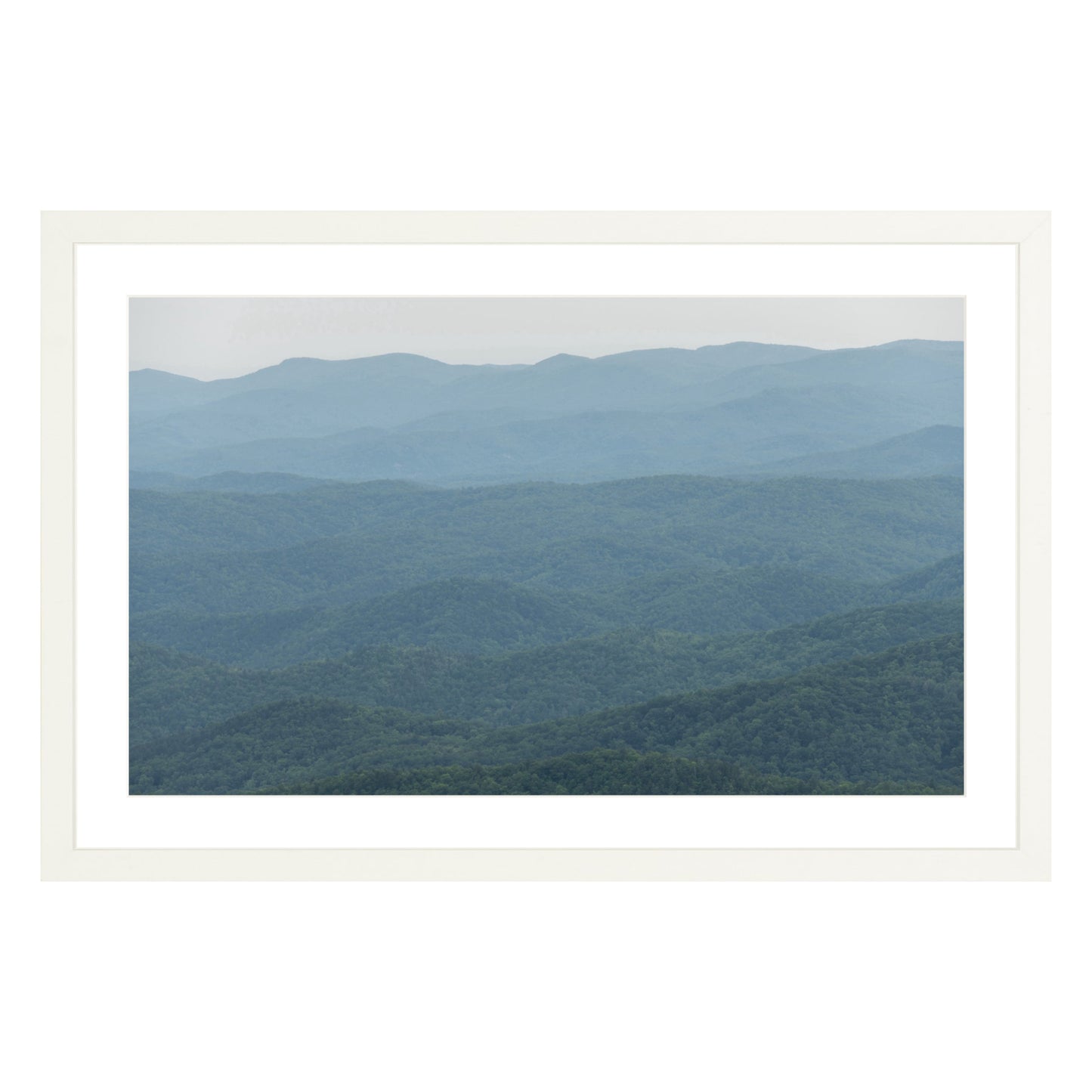 Photograph of mountains in North Carolina framed in white with white mat