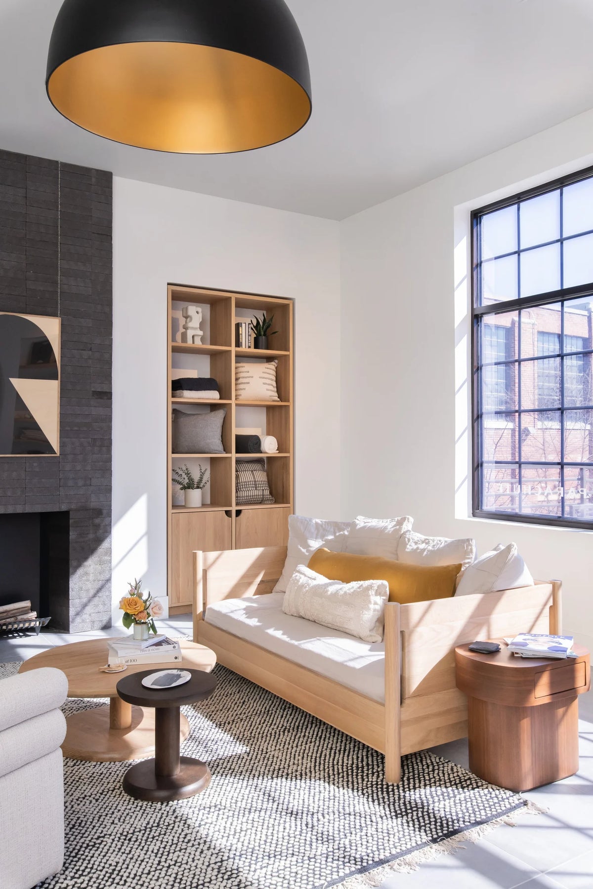 Modern living room with a sofa bed, bookshelf, and decorative items.